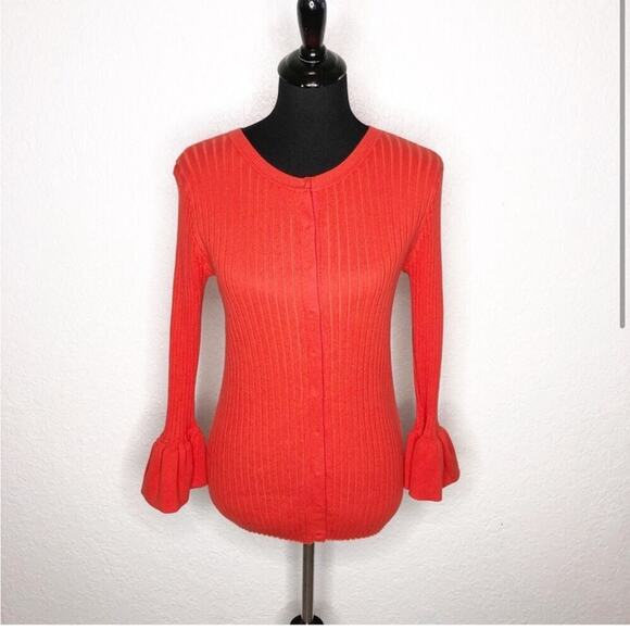 Cabi bright orange trumpet sleeve ribbed snap front cardigan size Small #5285 - Picture 2 of 16